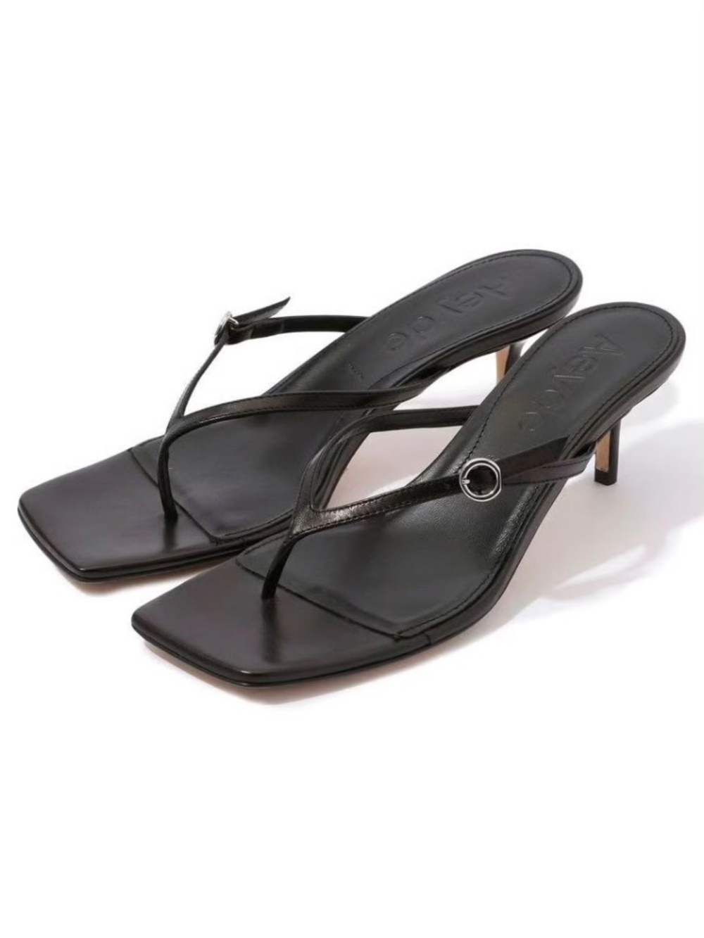Aeyde Black Nappa Leather Leigh 55 Thong Buckle Kitten Heel Sandals EU 40